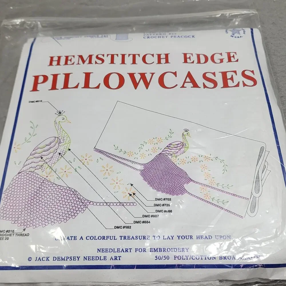 Peacock Hemstitch Edge Pillow Cases Crochet Embroidery Jack Dempsey Needle Art